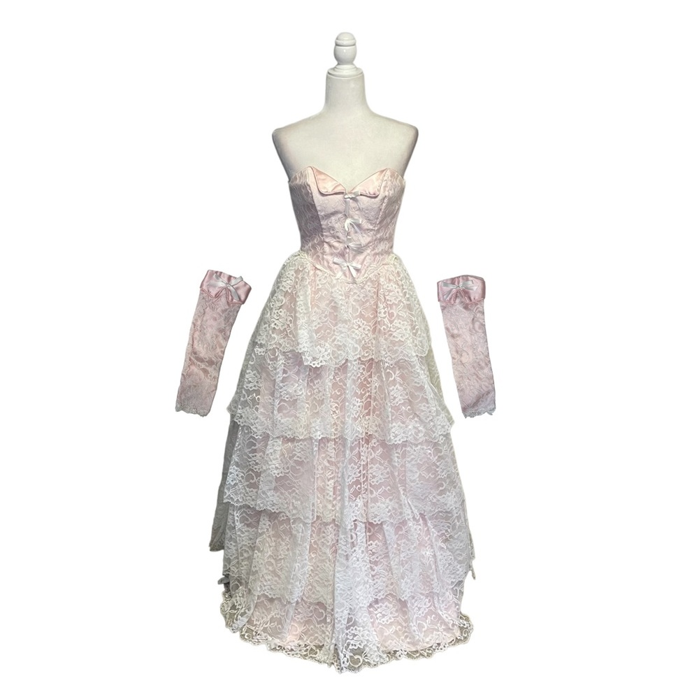 Vintage Flirtations Alfred Angelo Pink Cream Lace Strapless Dress Gloves - Picture 1 of 10